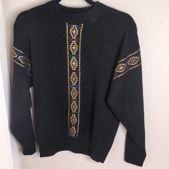 Retro 80s Wayne St. John Sweater Black W/ Gold Studs & Rhinestones New Wave SZ S - Picture 1 of 11